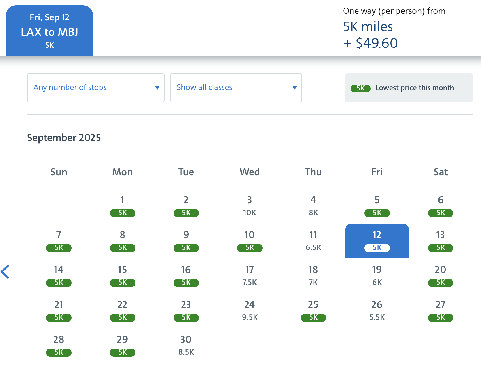 AA award calendar for flights from LAX-MBJ for 5,000 miles one way in September. 
